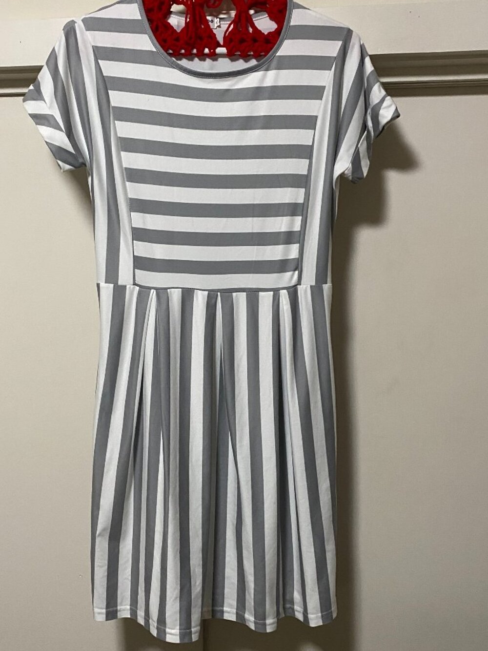 Neggoo, short, cuffed sleeve, silver/gray & white striped dress, size S